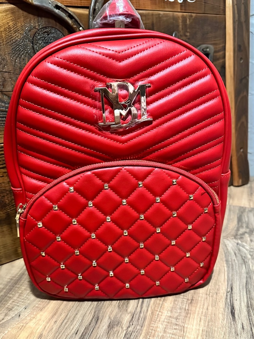 Badgley Mischka Red Quilted Backpack with Gold Logo & Stud Accents